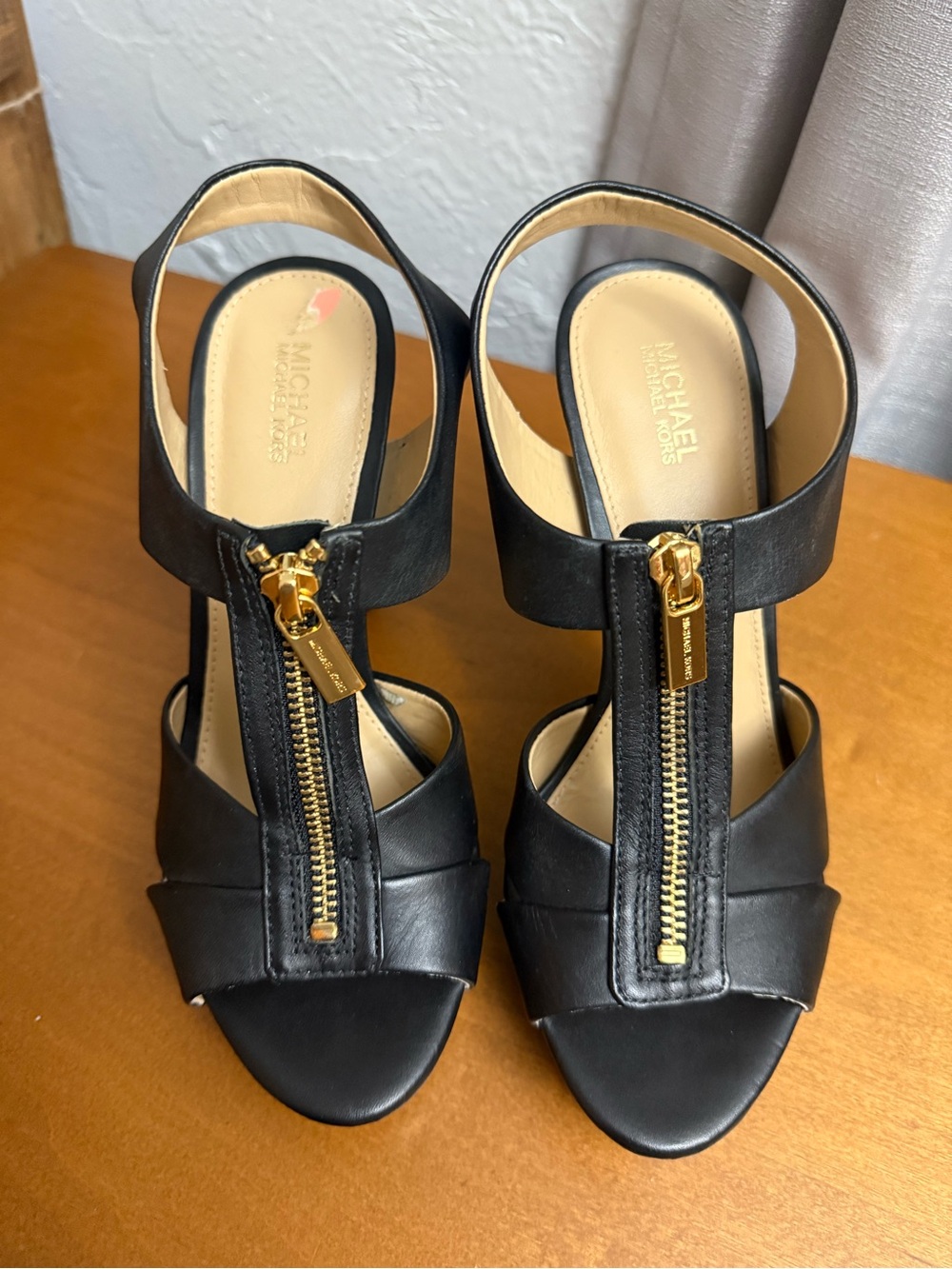 Michael Kors Black Leather Zip-Front Slingback Heels with Gold Hardware